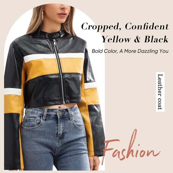 Women Cropped Faux Leather Jacket Moto Biker Bomber Jackets Zip Up Black Yellow - Picture 3 of 7